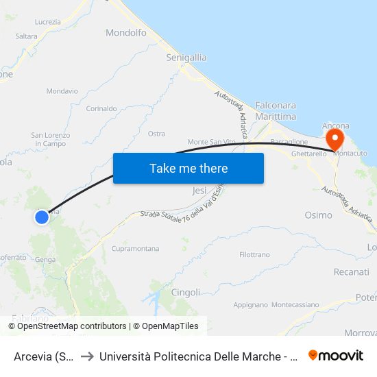 Arcevia (Santa Croce) to Università Politecnica Delle Marche - Polo ""Alfredo Trifogli"" Monte Dago map