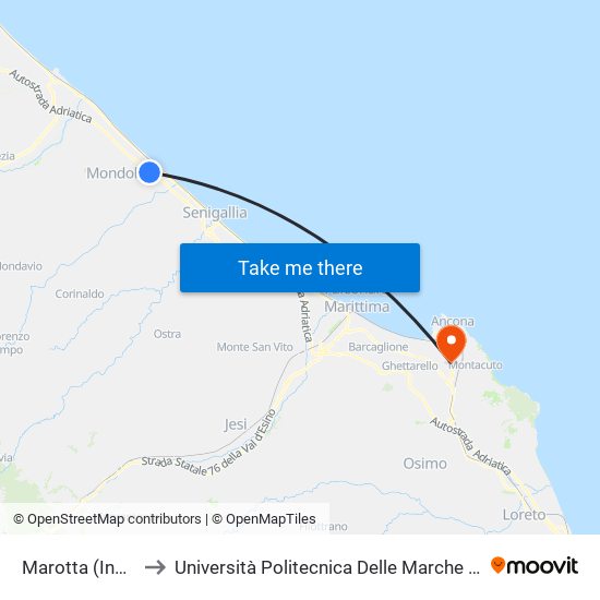 Marotta (Incr. Autostrada). to Università Politecnica Delle Marche - Polo ""Alfredo Trifogli"" Monte Dago map