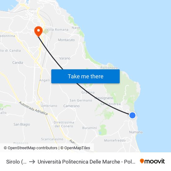 Sirolo (Centro) to Università Politecnica Delle Marche - Polo ""Alfredo Trifogli"" Monte Dago map