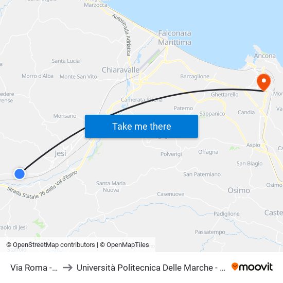 Via Roma - Distributore to Università Politecnica Delle Marche - Polo ""Alfredo Trifogli"" Monte Dago map