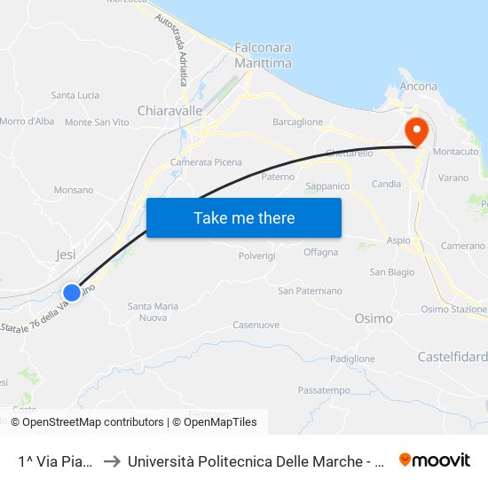 1^ Via Piandelmedico to Università Politecnica Delle Marche - Polo ""Alfredo Trifogli"" Monte Dago map