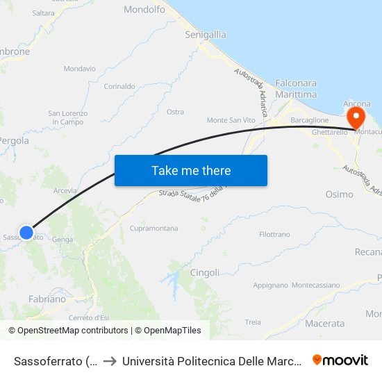 Sassoferrato (V. S. Bernardino 1) to Università Politecnica Delle Marche - Polo ""Alfredo Trifogli"" Monte Dago map