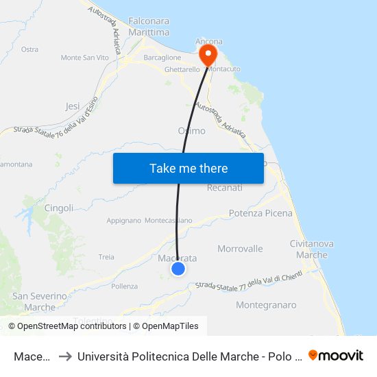 Macerata FS to Università Politecnica Delle Marche - Polo ""Alfredo Trifogli"" Monte Dago map