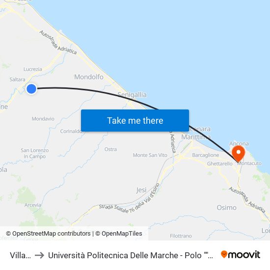 Villanova to Università Politecnica Delle Marche - Polo ""Alfredo Trifogli"" Monte Dago map