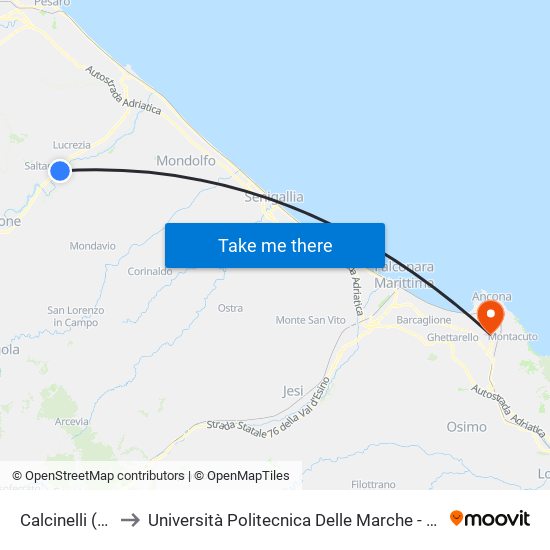 Calcinelli (Zona Ind.Le) to Università Politecnica Delle Marche - Polo ""Alfredo Trifogli"" Monte Dago map