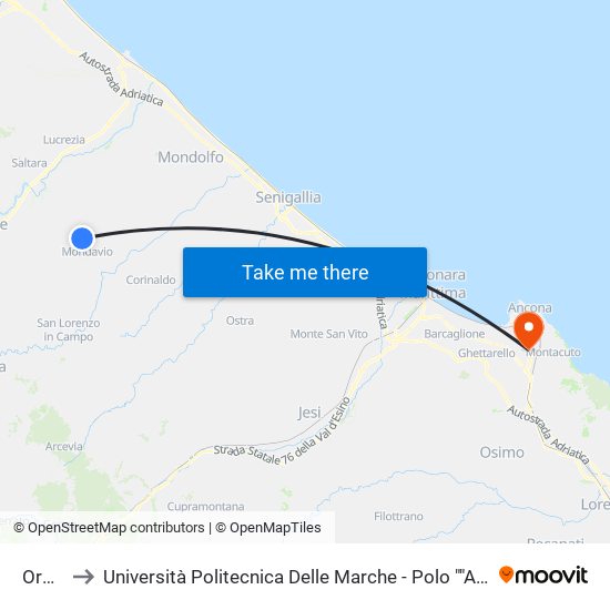 Orciano to Università Politecnica Delle Marche - Polo ""Alfredo Trifogli"" Monte Dago map