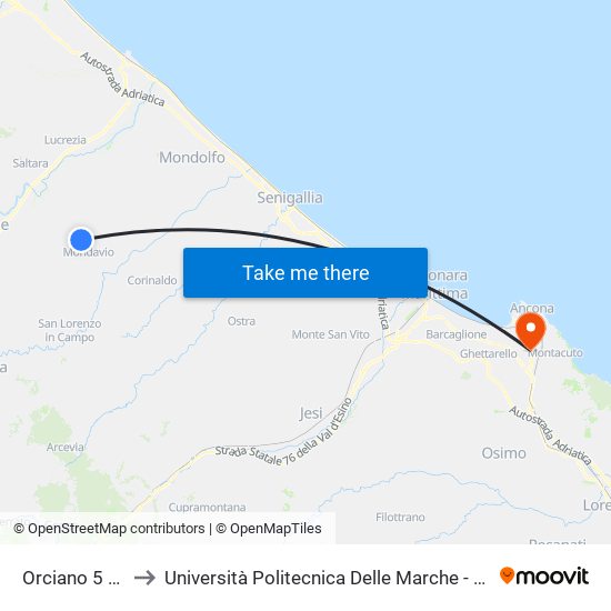 Orciano 5 (Evangelisti) to Università Politecnica Delle Marche - Polo ""Alfredo Trifogli"" Monte Dago map