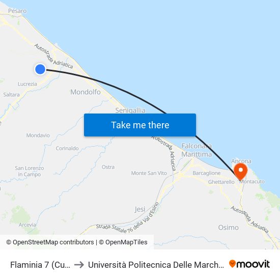 Flaminia 7 (Cuccurano Fornace) to Università Politecnica Delle Marche - Polo ""Alfredo Trifogli"" Monte Dago map