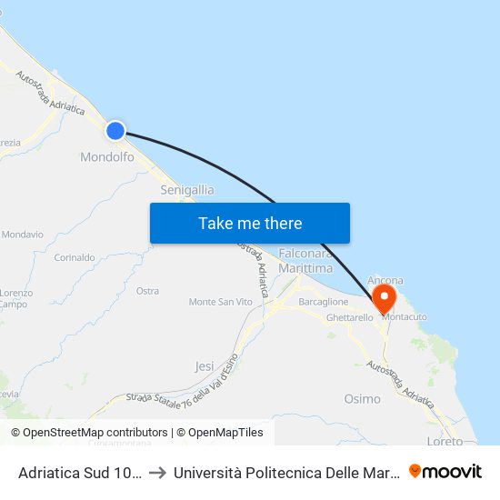 Adriatica Sud 10 (Ponte Sasso Distrib.) to Università Politecnica Delle Marche - Polo ""Alfredo Trifogli"" Monte Dago map