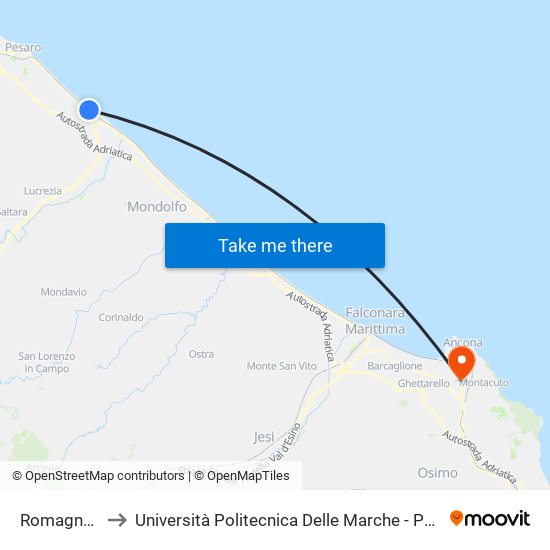 Romagna 1 (Distr.) to Università Politecnica Delle Marche - Polo ""Alfredo Trifogli"" Monte Dago map