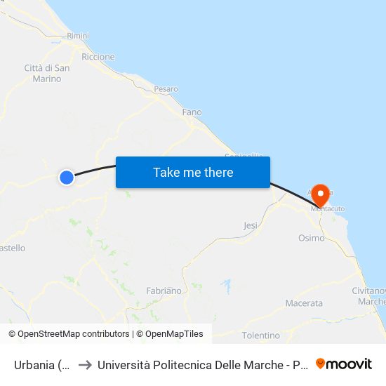 Urbania (Magazzini) to Università Politecnica Delle Marche - Polo ""Alfredo Trifogli"" Monte Dago map