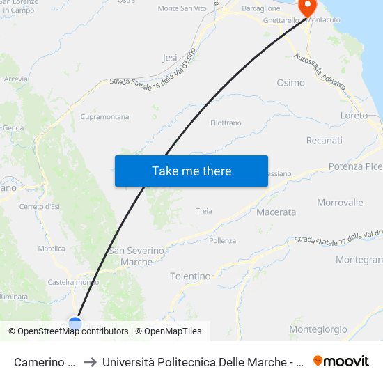 Camerino - Sae Centro to Università Politecnica Delle Marche - Polo ""Alfredo Trifogli"" Monte Dago map