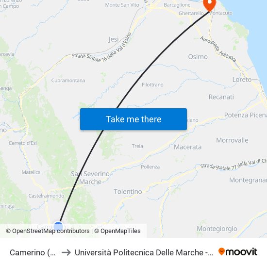 Camerino  (Mosse-Ponti) to Università Politecnica Delle Marche - Polo ""Alfredo Trifogli"" Monte Dago map