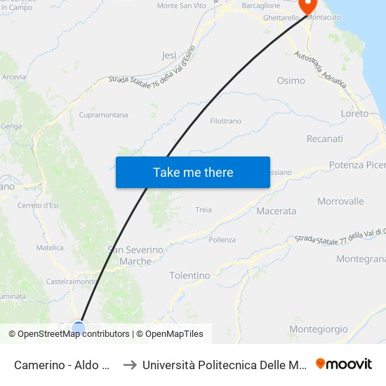 Camerino - Aldo Moro (Dipartimenti Unicam) to Università Politecnica Delle Marche - Polo ""Alfredo Trifogli"" Monte Dago map