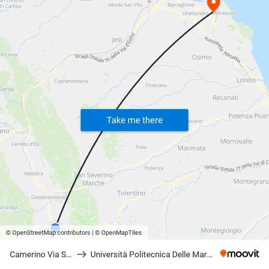 Camerino Via Santoni - Bar La Siesta to Università Politecnica Delle Marche - Polo ""Alfredo Trifogli"" Monte Dago map