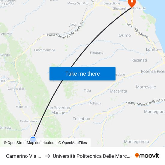 Camerino Via Ottaviani Farmacia to Università Politecnica Delle Marche - Polo ""Alfredo Trifogli"" Monte Dago map