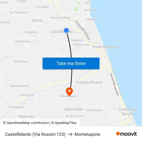 Castelfidardo (Via Rossini 125) to Montelupone map