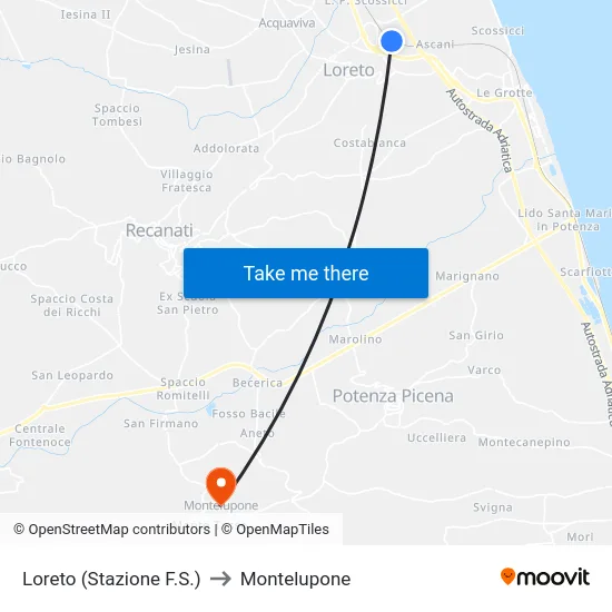 Loreto (Stazione F.S.) to Montelupone map
