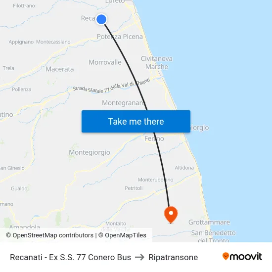 Recanati - Ex S.S. 77 Conero Bus to Ripatransone map
