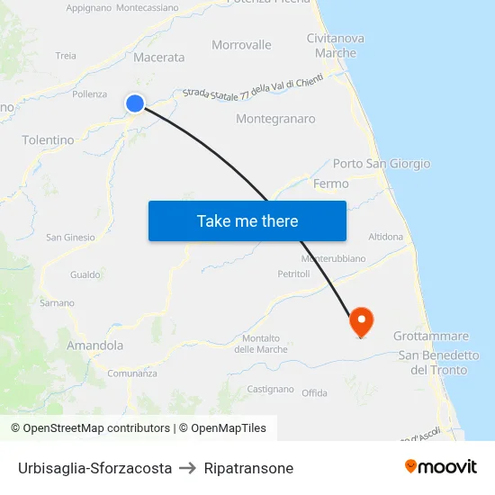 Urbisaglia-Sforzacosta to Ripatransone map