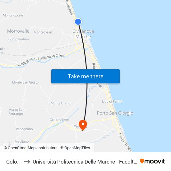 Colombo 7 to Università Politecnica Delle Marche - Facoltà Di Ingegneria - Sede Di Fermo map
