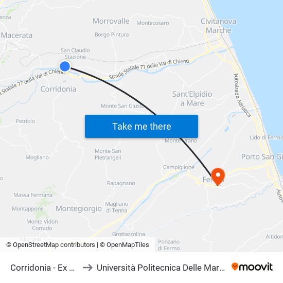 Corridonia - Ex S.S. 485 B. Abb. San Cla to Università Politecnica Delle Marche - Facoltà Di Ingegneria - Sede Di Fermo map