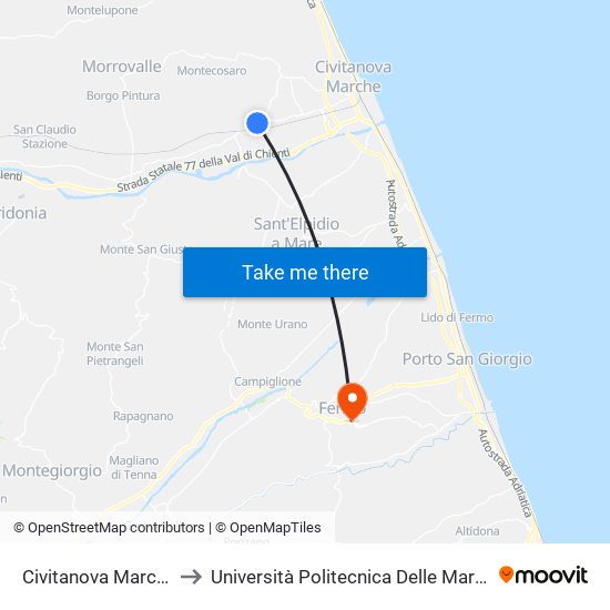 Civitanova Marche - Ex S.S. 485 Bottega to Università Politecnica Delle Marche - Facoltà Di Ingegneria - Sede Di Fermo map