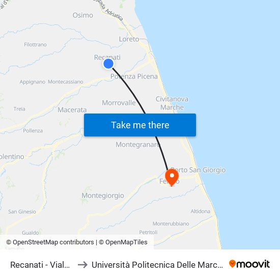 Recanati - Viale Colle Dell'Infinito 11 to Università Politecnica Delle Marche - Facoltà Di Ingegneria - Sede Di Fermo map