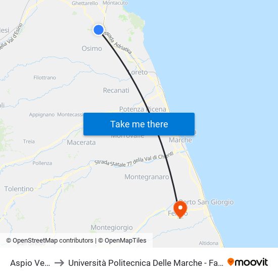 Aspio Vecchio (An) to Università Politecnica Delle Marche - Facoltà Di Ingegneria - Sede Di Fermo map