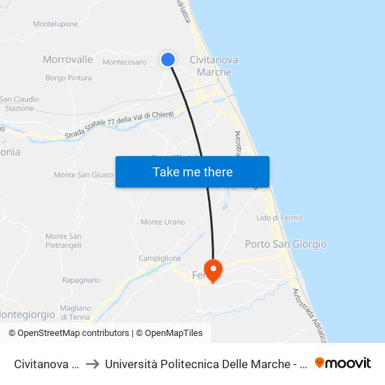 Civitanova Alta - Giardini to Università Politecnica Delle Marche - Facoltà Di Ingegneria - Sede Di Fermo map