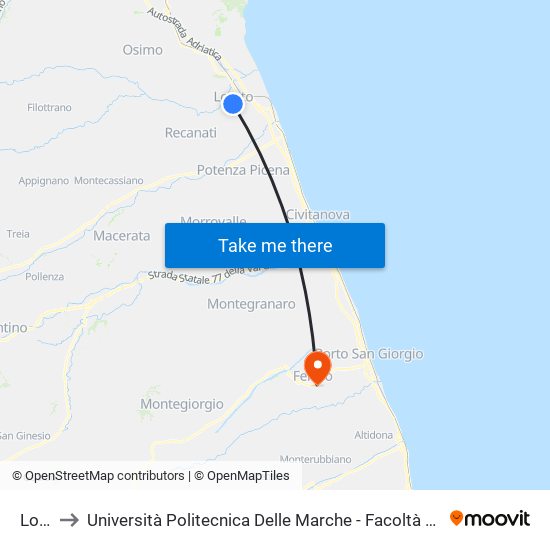 Loreto to Università Politecnica Delle Marche - Facoltà Di Ingegneria - Sede Di Fermo map