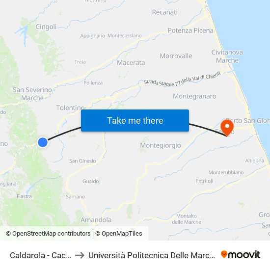 Caldarola - Caccamo (Rist. Ferranti) to Università Politecnica Delle Marche - Facoltà Di Ingegneria - Sede Di Fermo map