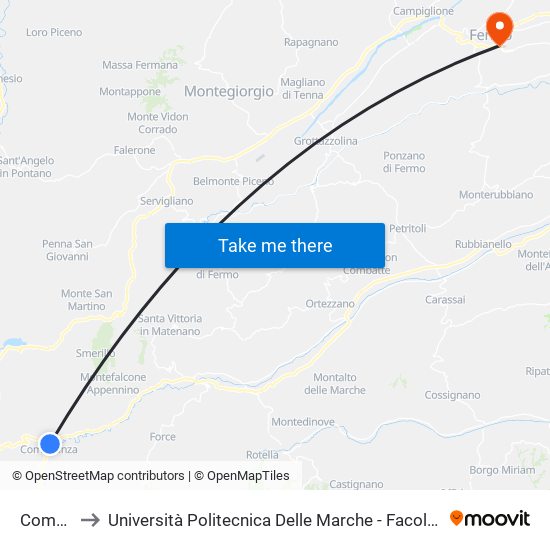 Comunanza to Università Politecnica Delle Marche - Facoltà Di Ingegneria - Sede Di Fermo map