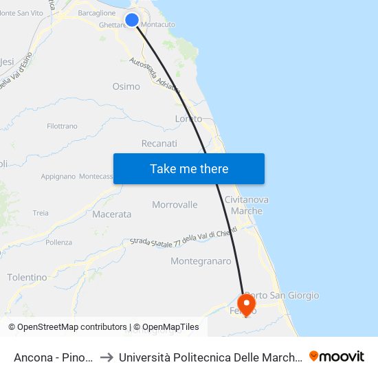 Ancona - Pinocchio - Pontelungo to Università Politecnica Delle Marche - Facoltà Di Ingegneria - Sede Di Fermo map