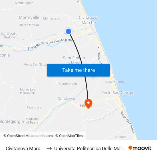 Civitanova Marche - Strada Statale Corri to Università Politecnica Delle Marche - Facoltà Di Ingegneria - Sede Di Fermo map