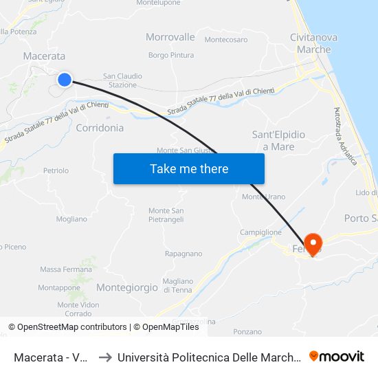 Macerata - Vallebona - Universit to Università Politecnica Delle Marche - Facoltà Di Ingegneria - Sede Di Fermo map