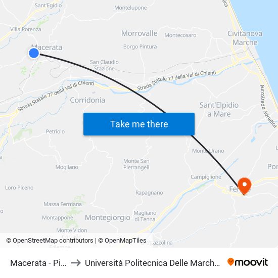 Macerata - Piazza Santa Croce to Università Politecnica Delle Marche - Facoltà Di Ingegneria - Sede Di Fermo map