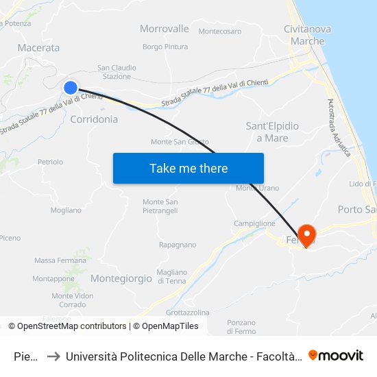 Piediripa to Università Politecnica Delle Marche - Facoltà Di Ingegneria - Sede Di Fermo map