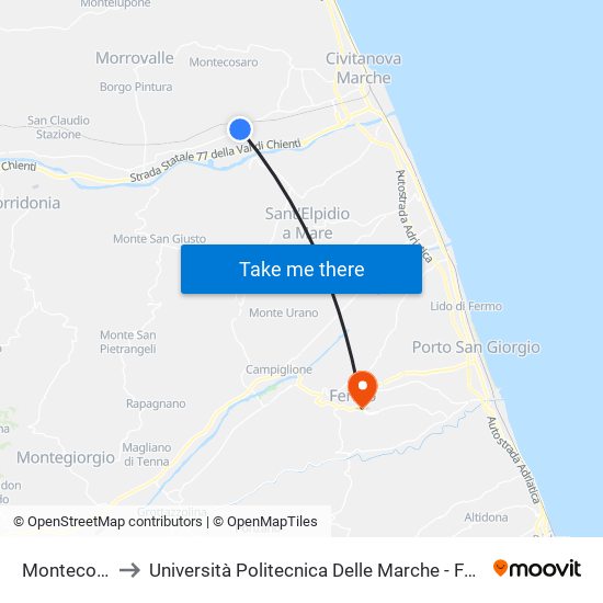 Montecosaro Scalo to Università Politecnica Delle Marche - Facoltà Di Ingegneria - Sede Di Fermo map