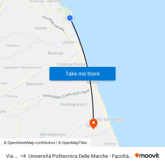 Via Cave to Università Politecnica Delle Marche - Facoltà Di Ingegneria - Sede Di Fermo map