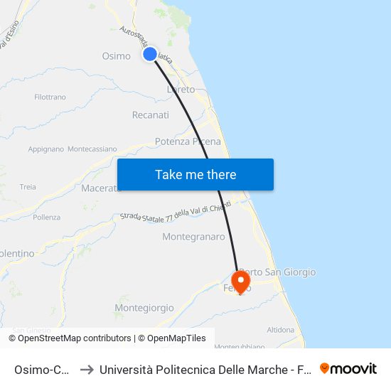 Osimo-Castelfidardo to Università Politecnica Delle Marche - Facoltà Di Ingegneria - Sede Di Fermo map