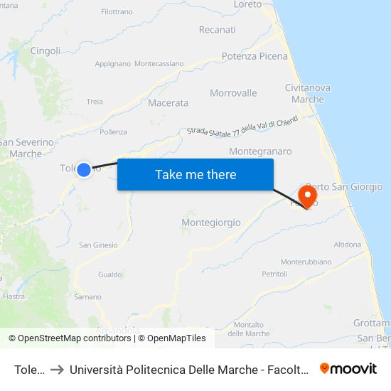 Tolentino to Università Politecnica Delle Marche - Facoltà Di Ingegneria - Sede Di Fermo map