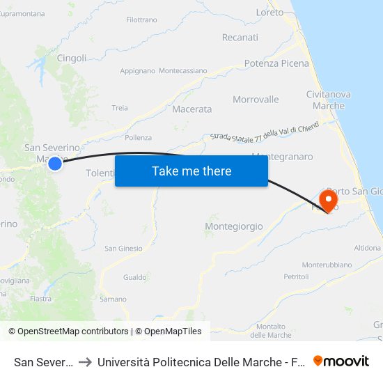 San Severino Marche to Università Politecnica Delle Marche - Facoltà Di Ingegneria - Sede Di Fermo map