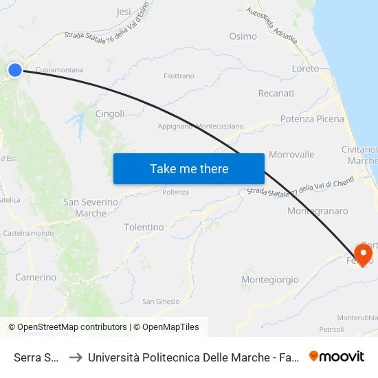 Serra San Quirico to Università Politecnica Delle Marche - Facoltà Di Ingegneria - Sede Di Fermo map