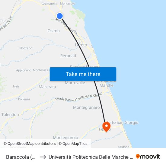 Baraccola (Via Albertini, 14) to Università Politecnica Delle Marche - Facoltà Di Ingegneria - Sede Di Fermo map