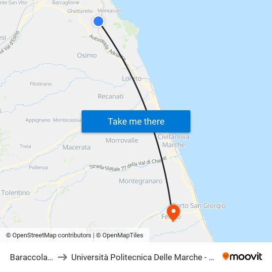Baraccola (Via Filonzi) to Università Politecnica Delle Marche - Facoltà Di Ingegneria - Sede Di Fermo map