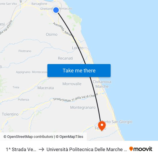 1^ Strada Vecchia Pinocchio to Università Politecnica Delle Marche - Facoltà Di Ingegneria - Sede Di Fermo map