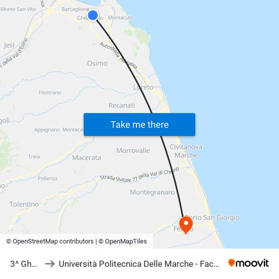 3^ Ghettarello to Università Politecnica Delle Marche - Facoltà Di Ingegneria - Sede Di Fermo map