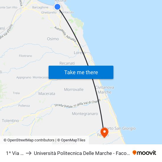 1^ Via Pesaro to Università Politecnica Delle Marche - Facoltà Di Ingegneria - Sede Di Fermo map