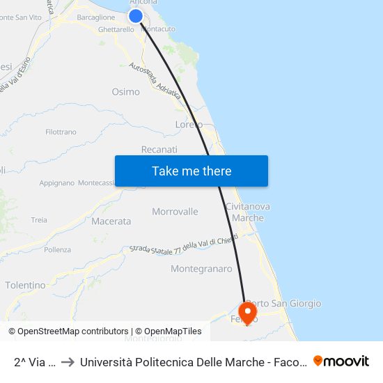 2^ Via Pesaro to Università Politecnica Delle Marche - Facoltà Di Ingegneria - Sede Di Fermo map